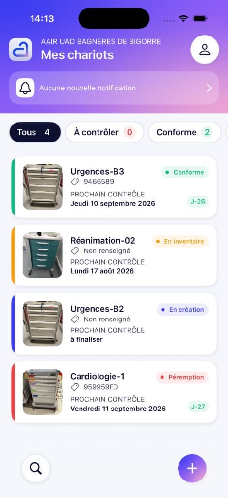 Alissia — liste des chariots d'urgence