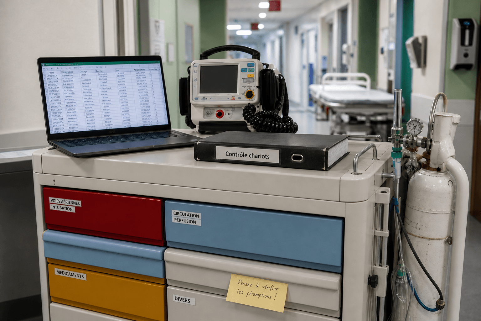 Chariot d'urgence avec un ordinateur Excel et un classeur